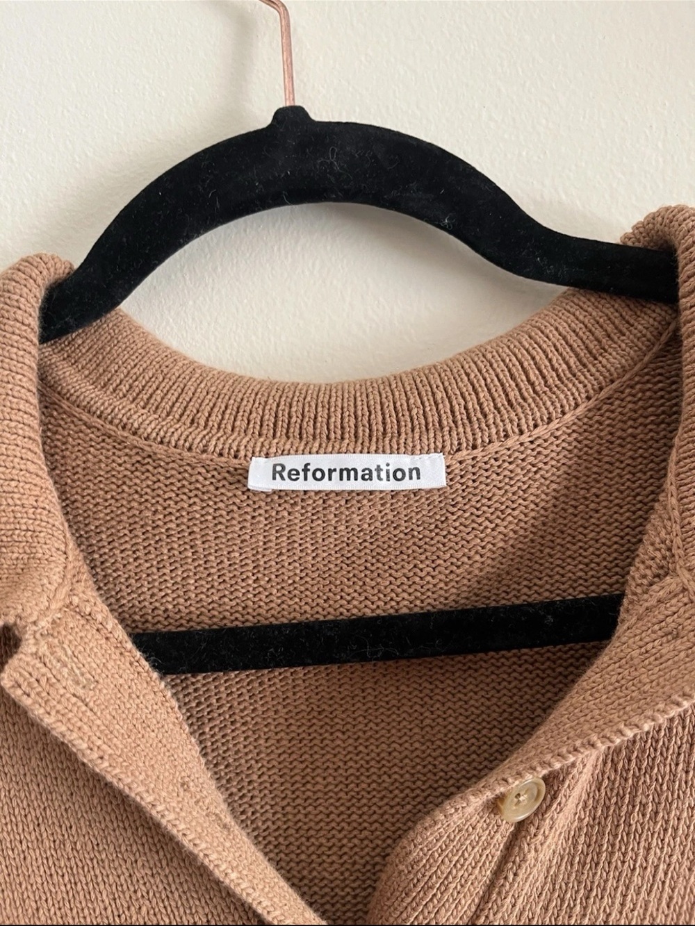 Reformation Camel Brown Knit Polo Mini Dress with White Trim - Picture 3 of 3